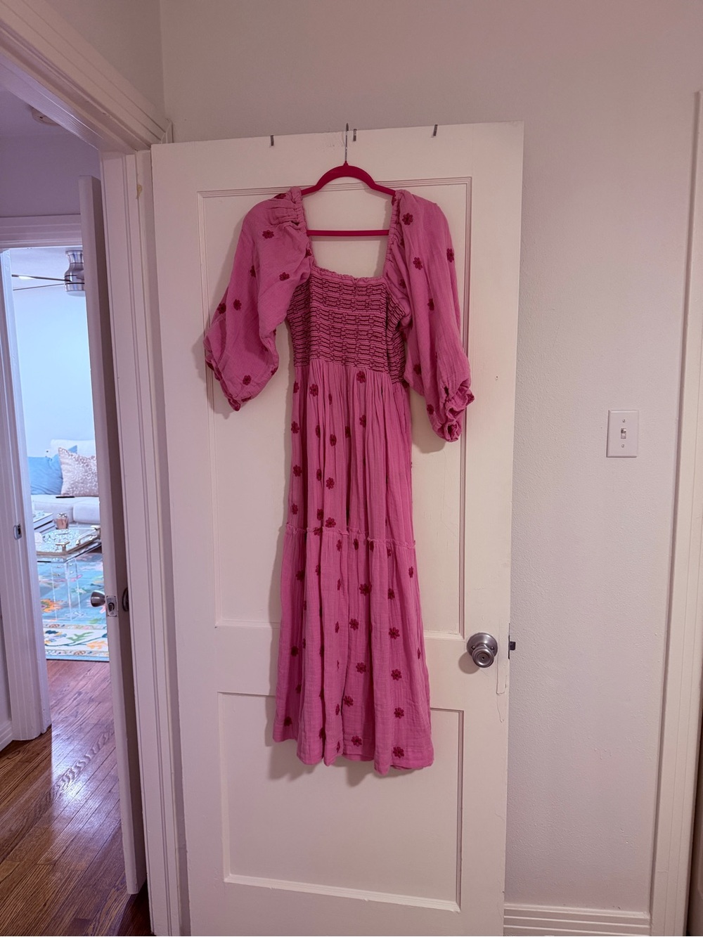 Pink Smocked Bodice dress with Embroidered Detail